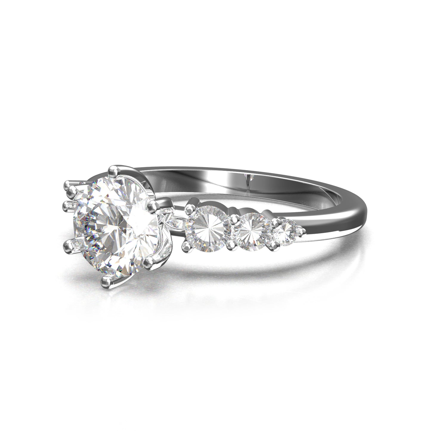 Anillo de Compromiso Solitario con Diamante a 6 Uñas y Diamantes laterales