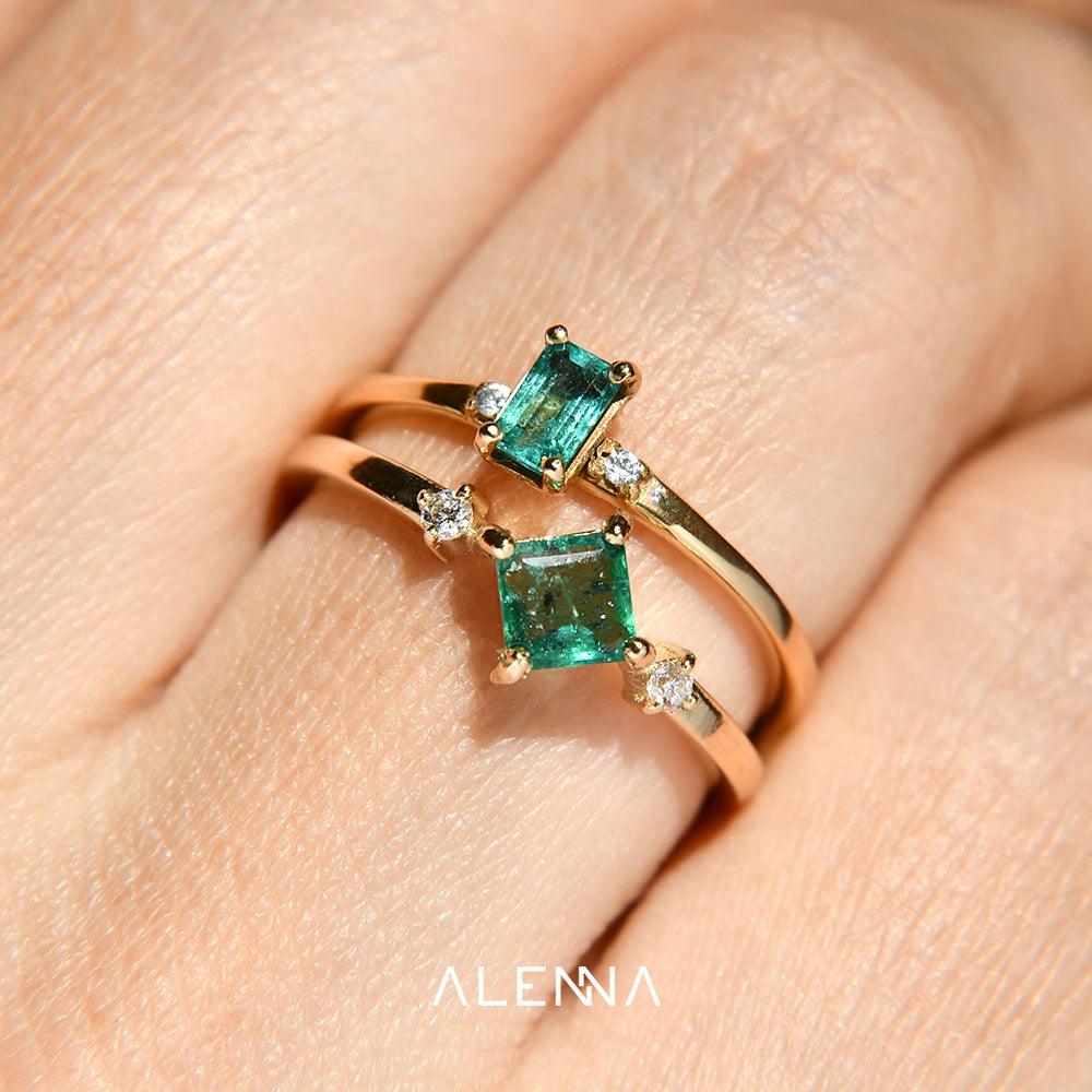 Anillo Aislin con Esmeralda y Diamantes / Gema Mes de Mayo - ALENNA JEWELS