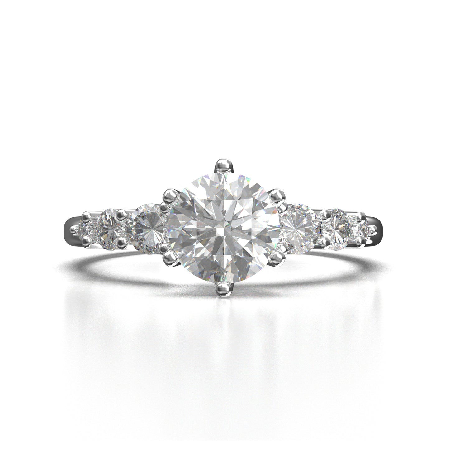 Anillo de Compromiso Solitario con Diamante a 6 Uñas y Diamantes laterales