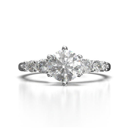 Anillo de Compromiso Solitario con Diamante a 6 Uñas y Diamantes laterales