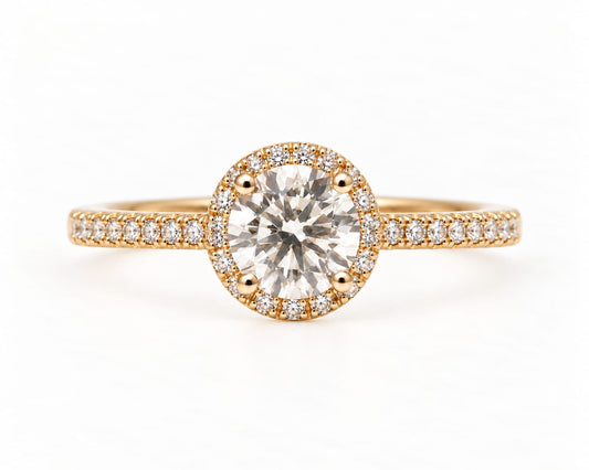 Anillo de Compromiso Aurora con Diamante Corte Redondo + Halo y Laterales